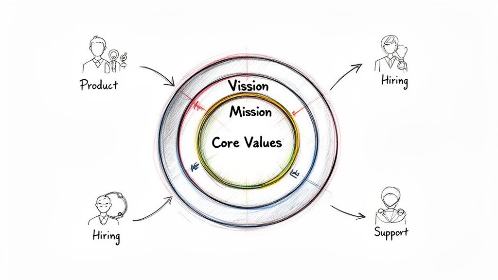 A concentric circle diagram showing Vision, Mission, and Core Values influencing Product, Hiring, and Support.