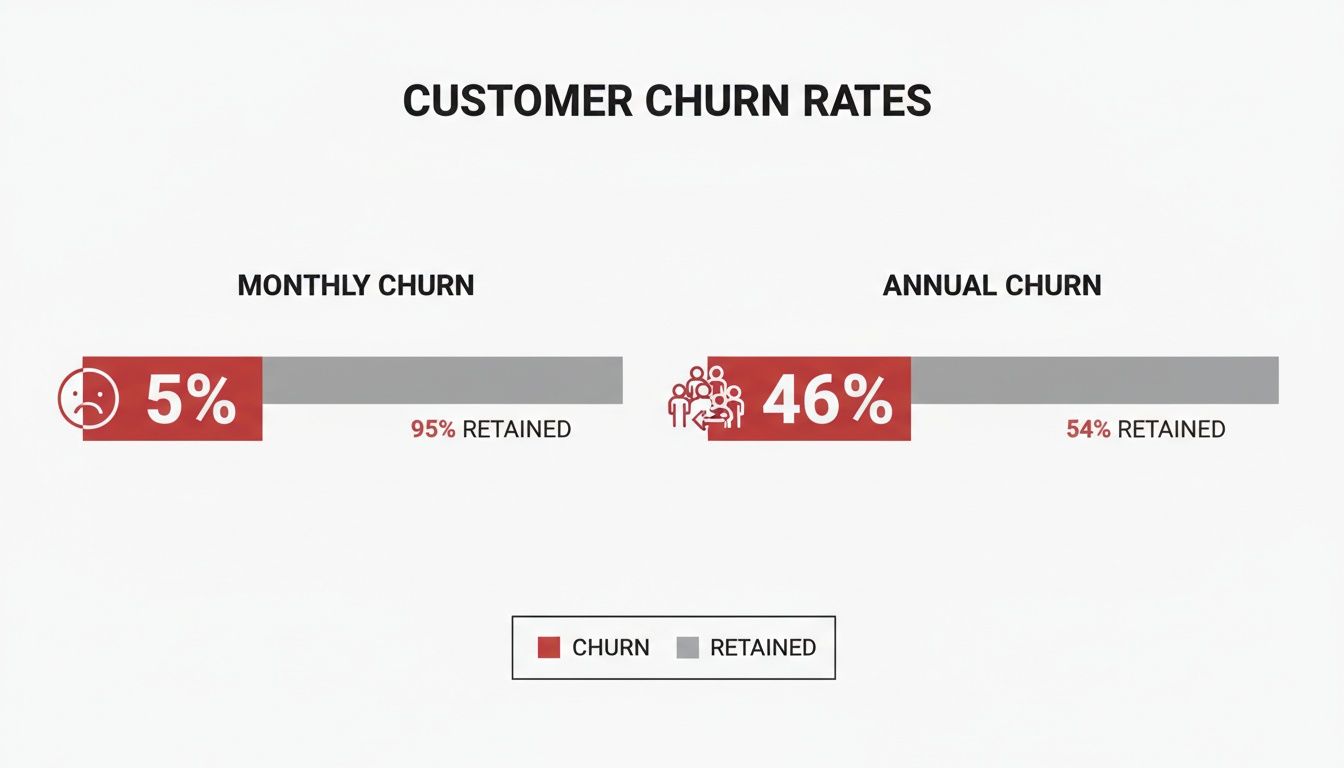 Image displays customer churn rates: 5% monthly and 46% annual, with respective retention rates.