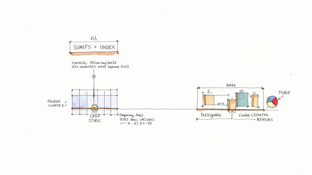 A person working on an Excel spreadsheet, surrounded by charts and graphs, representing a dashboard kpi excel