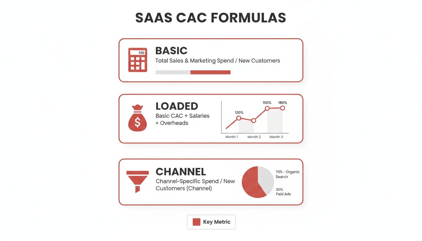 Infographic detailing three SaaS Customer Acquisition Cost (CAC) formulas: Basic, Loaded, and Channel.