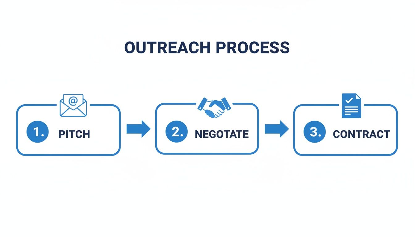 A three-step outreach process diagram showing Pitch, Negotiate, and Contract with respective icons.