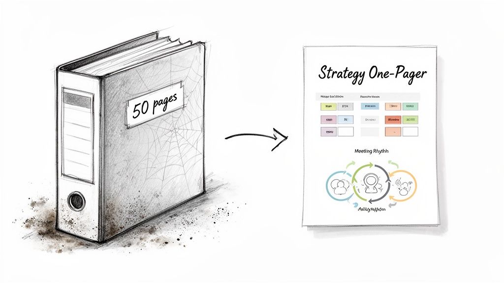 A dusty 50-page binder transforms into a clear, concise strategy one-pager document.