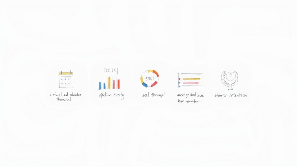 Five hand-drawn icons showing newsletter metrics: calendar thumbnail, pipeline velocity chart, sell-through pie chart, deal size bars, and sponsor retention badge