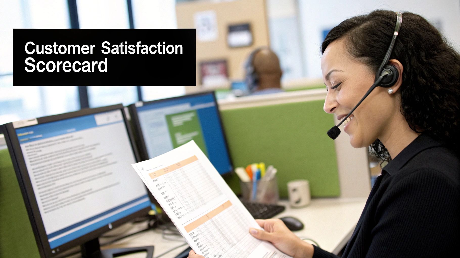 A customer satisfaction scorecard showing key metrics like CSAT, NPS, and Customer Effort Score with charts and gauges.