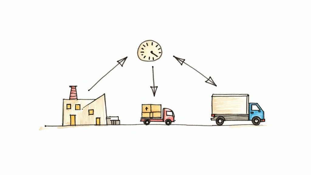 Illustration of a supply chain process with a factory, trucks, and a clock emphasizing time.