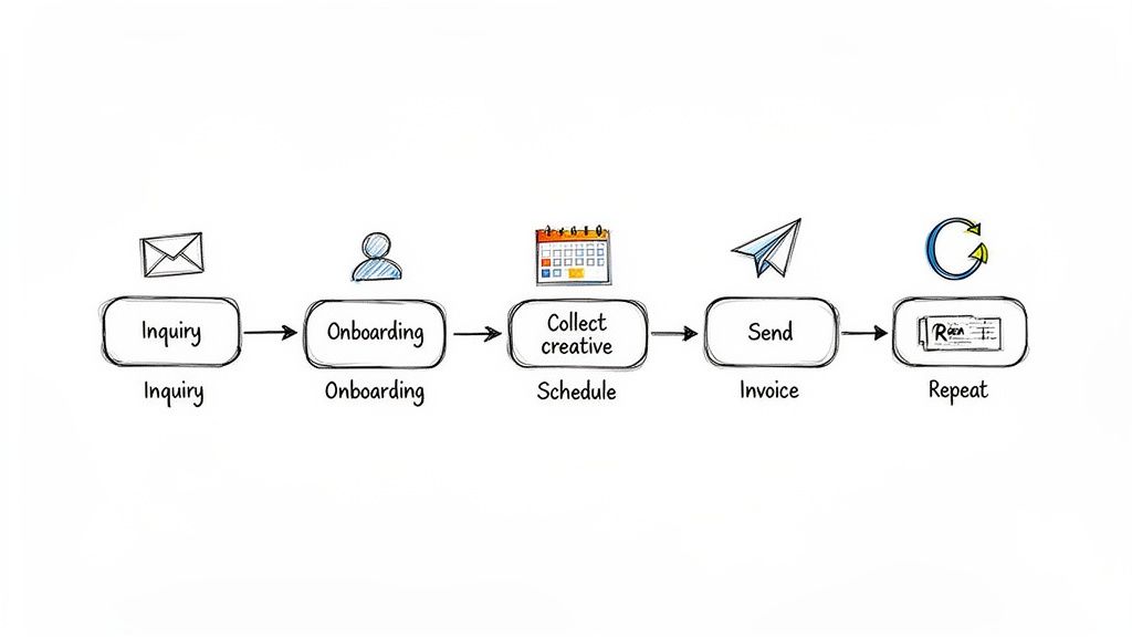 A hand-drawn flowchart illustrates a five-step business process: Inquiry, Onboarding, Collect creative, Send, and Repeat.