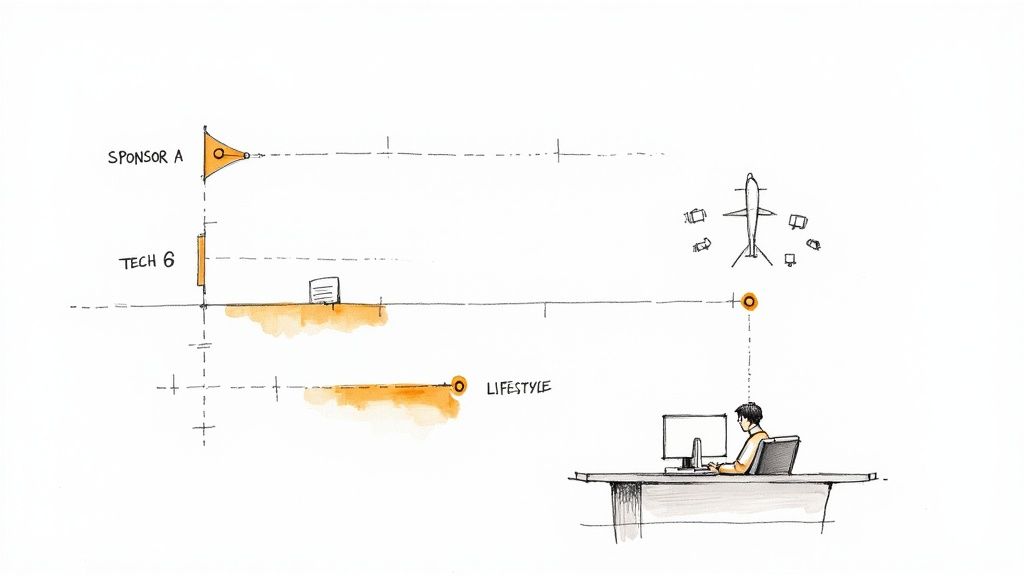 Diagram showing content scheduling workflow with sponsor tech lifestyle categories and person working at desk