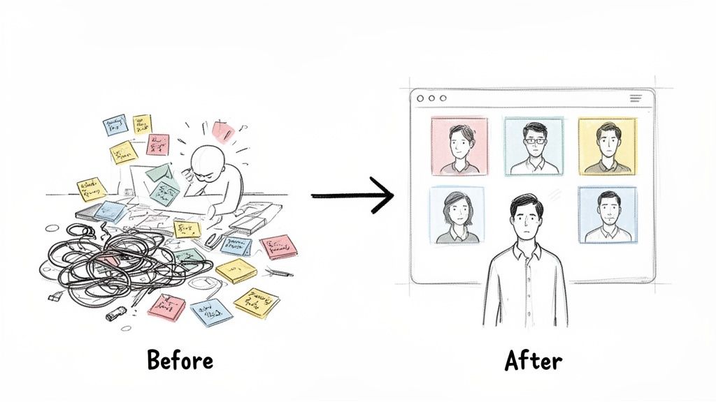 Illustration depicting a person overwhelmed by a messy desk transitioning to an organized digital workspace.