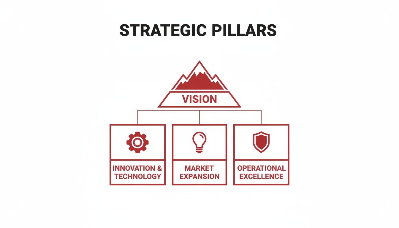 A strategic pillars diagram with Vision leading to Innovation & Technology, Market Expansion, and Operational Excellence.
