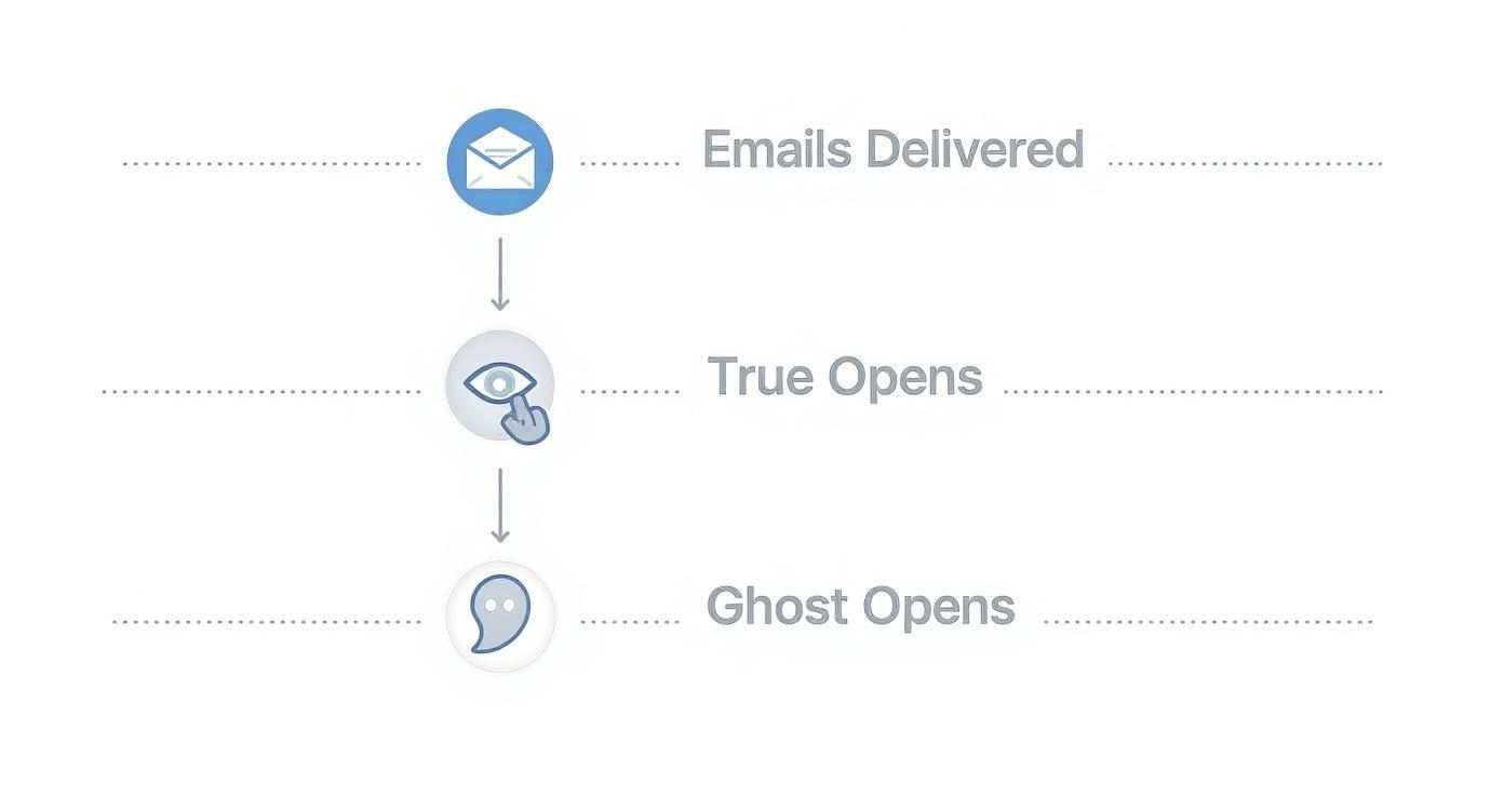 Infographic showing the difference between emails delivered, true opens, and ghost opens