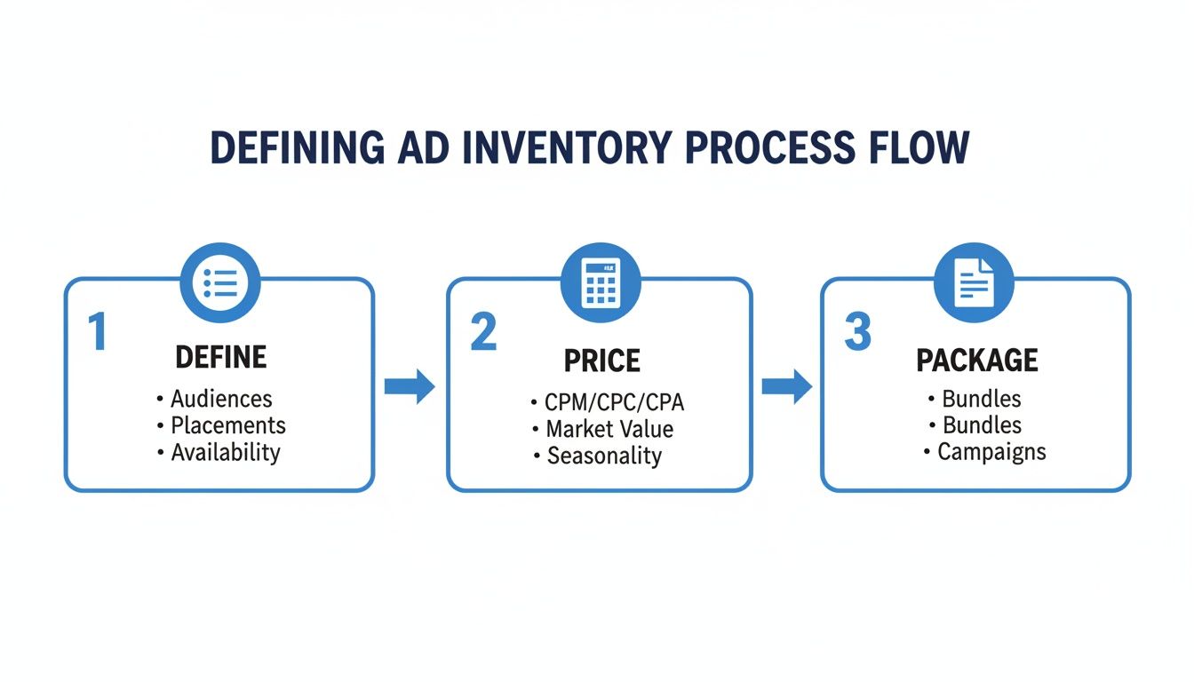 Process flow diagram illustrating three steps for defining ad inventory: define, price, and package.