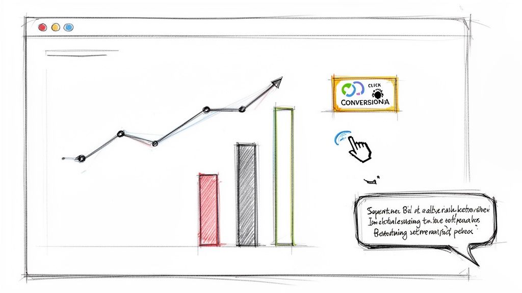 Hand-drawn sketch of a web browser displaying a growing line graph, bar charts, and a 'Click Conversion:A' logo.