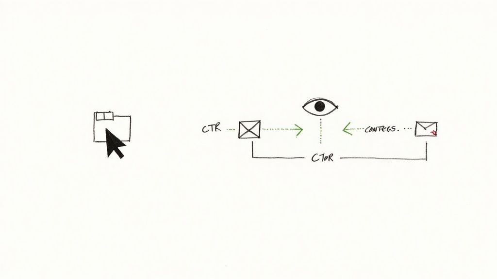 A dashboard showing various email marketing metrics like CTR, CTOR, and conversion rates.
