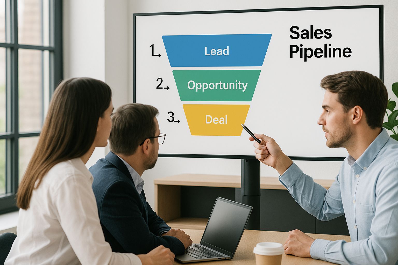Infographic showing a modern B2B sales team analyzing a digital sales funnel chart.