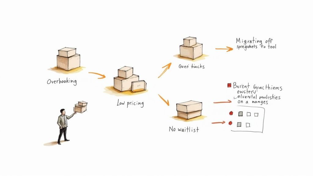 A hand-drawn flowchart illustrates inventory management issues like overbooking, low pricing, and migrating to tools.