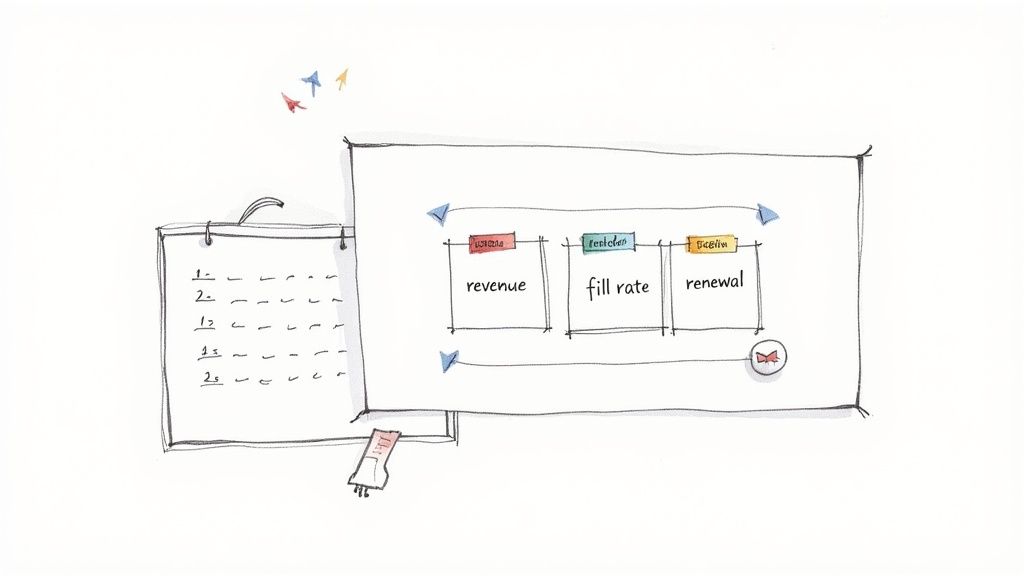 A hand-drawn illustration showing a calendar and a board with business metrics like revenue, fill rate, and renewal.
