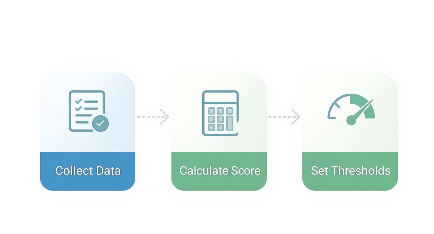 Three-step process flowchart showing data collection, score calculation, and threshold setting for customer health scoring