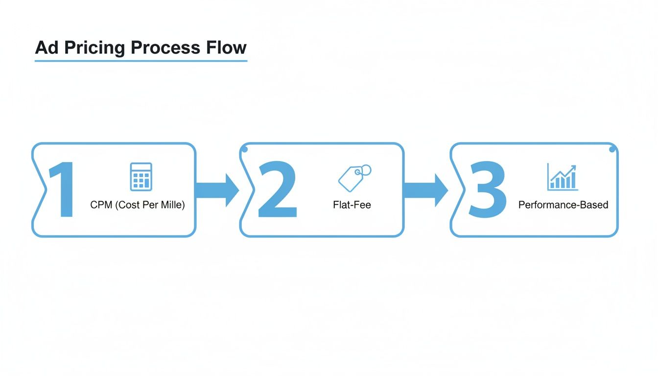 Flow chart illustrating the ad pricing process with three steps: CPM, Flat-Fee, and Performance-Based models.