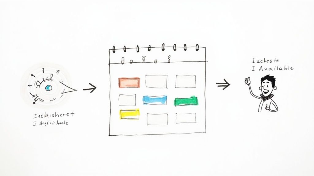 Diagram showing newsletter scheduling workflow from initial availability check to automated calendar grid and person confirmation