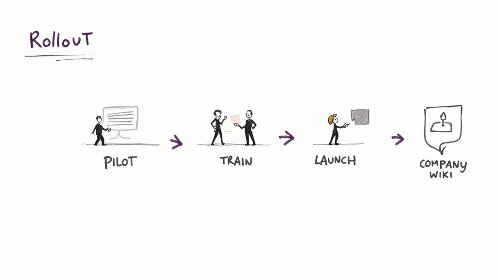 A hand-drawn diagram illustrating a four-step rollout process: Pilot, Train, Launch, and Company Wiki.