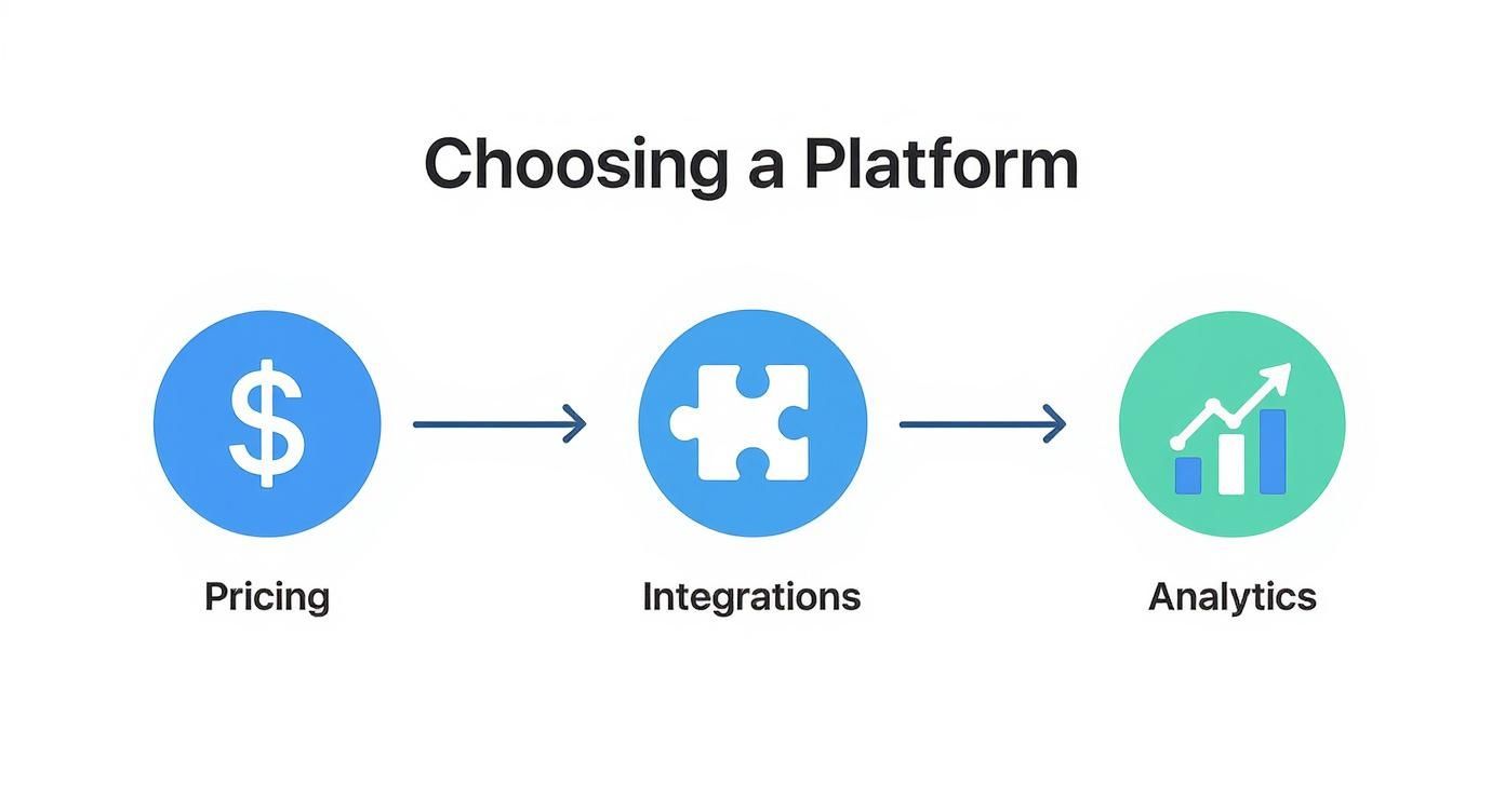 Infographic illustrating platform selection criteria: Pricing, Integrations, and Analytics, with respective icons.