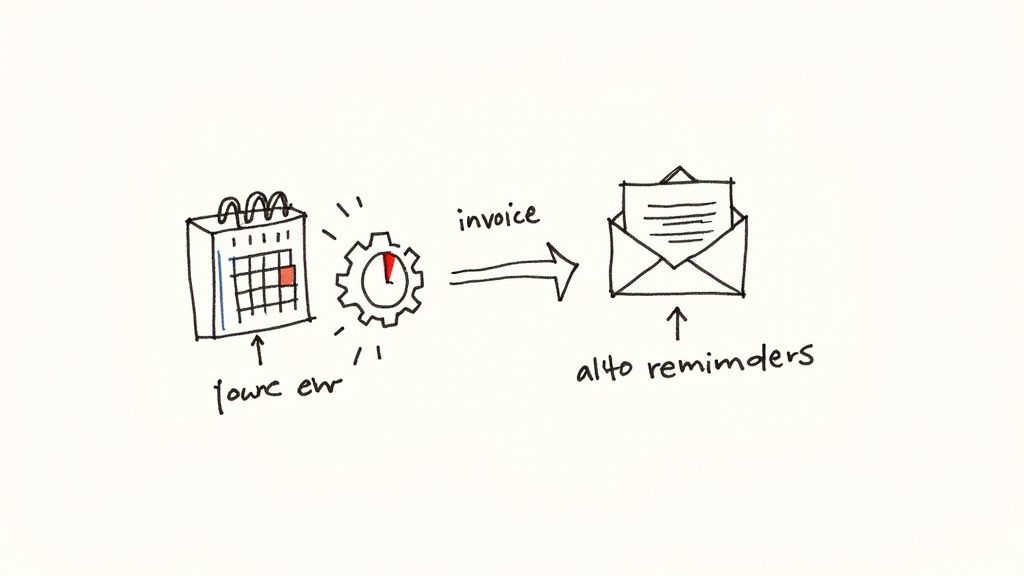 A hand-drawn diagram showing a calendar, a gear, and an envelope, illustrating automated invoice and reminder generation.