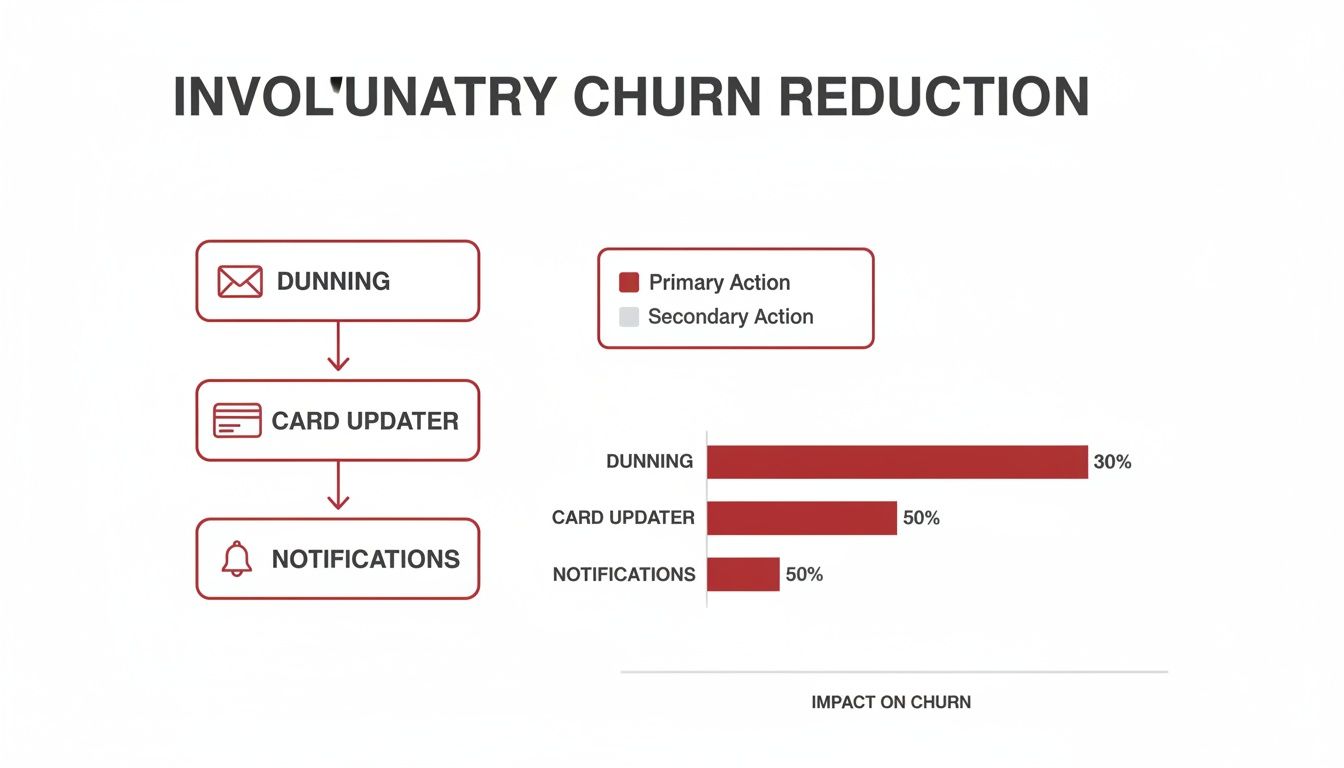 Flowchart and bar chart detailing involuntary churn reduction strategies, including dunning, card updater, and notifications, with their impact.