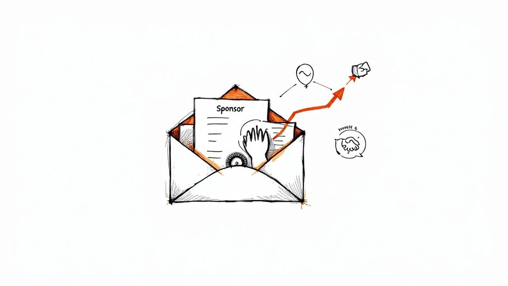 A sketch depicting sponsorship leading to growth, represented by an envelope, arrow, and support handshake.