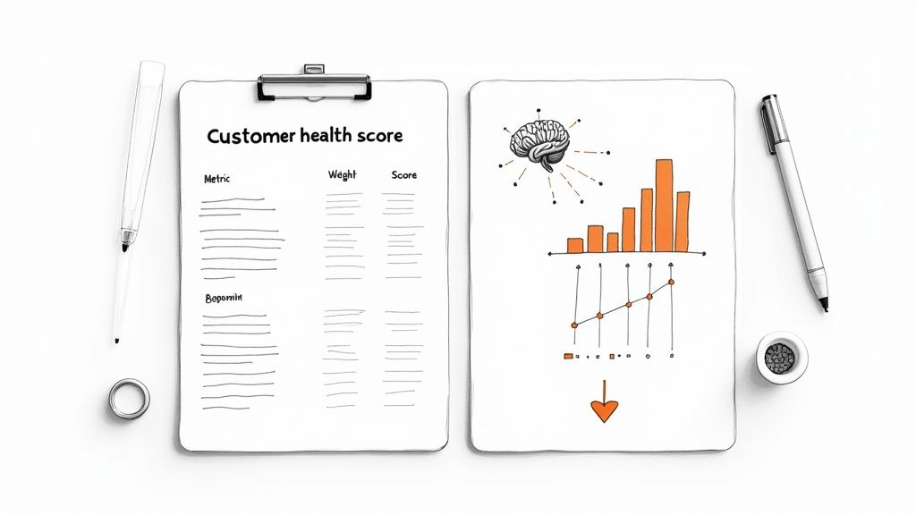 Customer health score template with metrics table and brain analytics chart on clipboards
