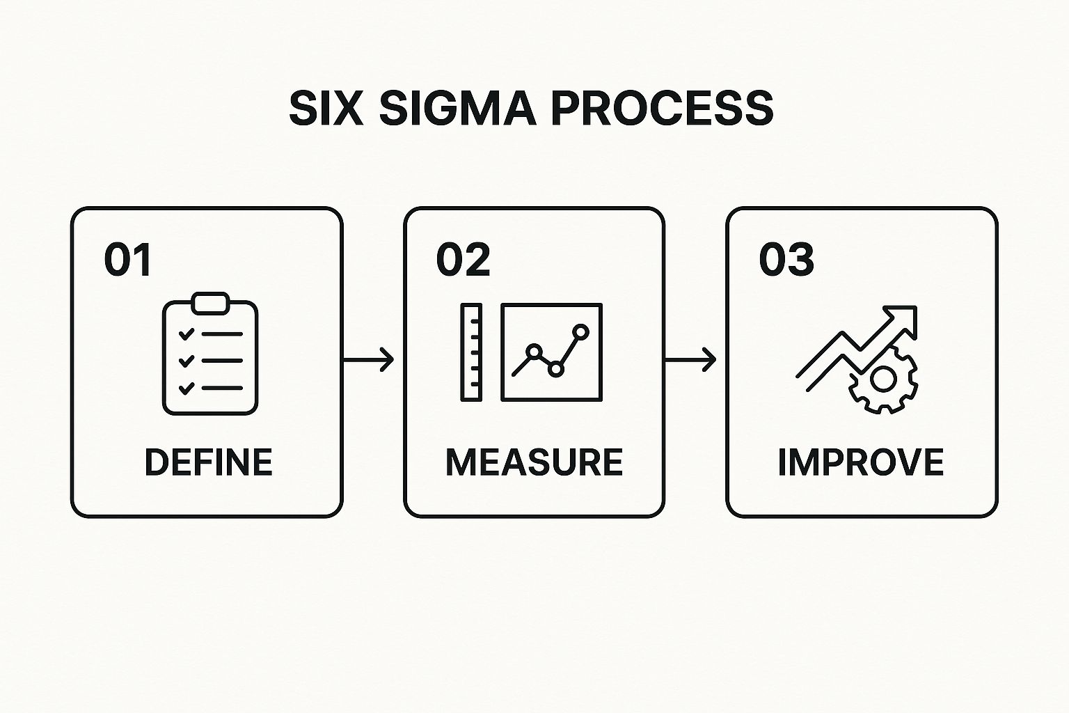 Infographic showing the DMAIC process of Six Sigma: Define, Measure, Analyze, Improve, and Control
