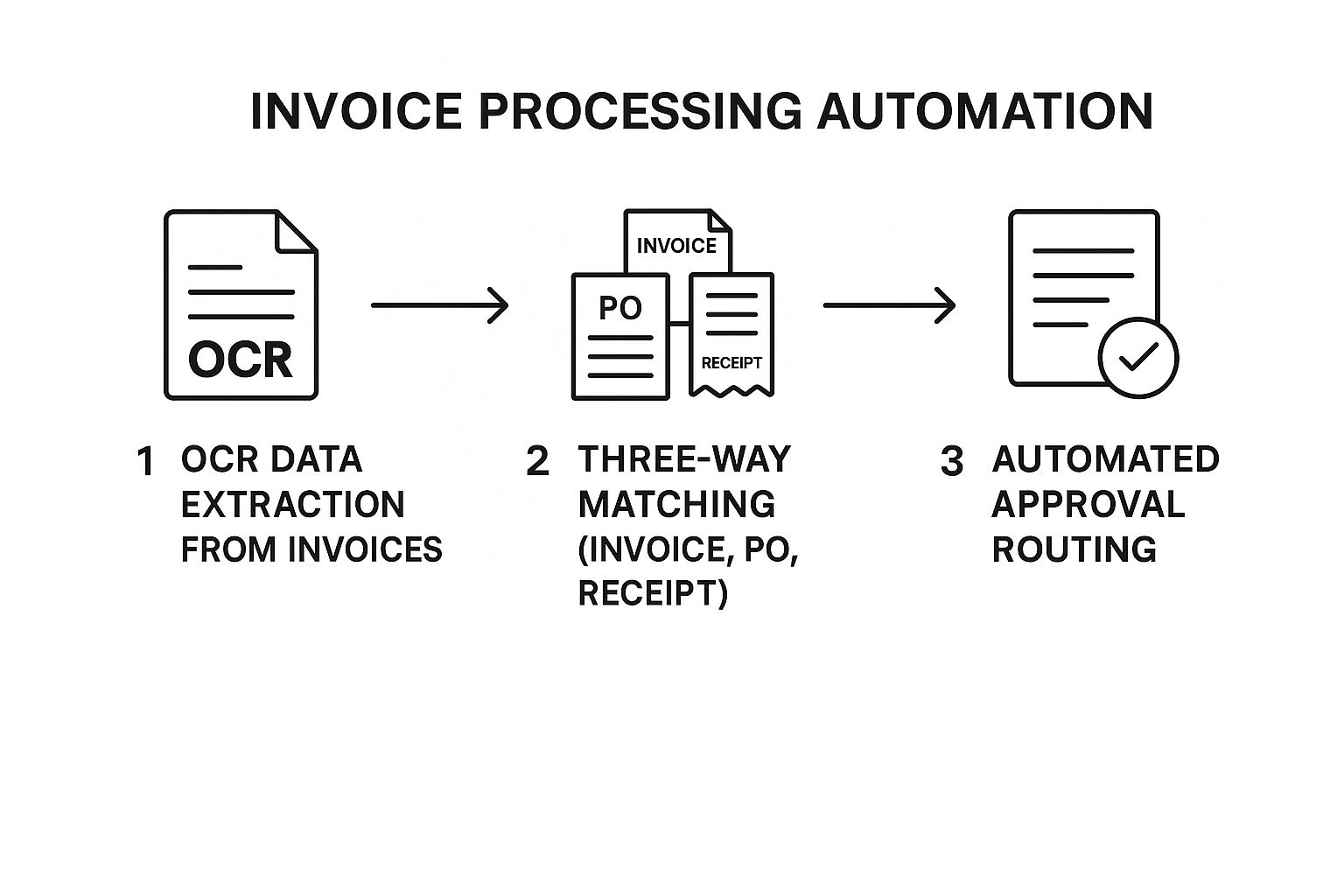 Infographic showing the three-step process of automated invoice processing: OCR data extraction, three-way matching, and automated approval routing.