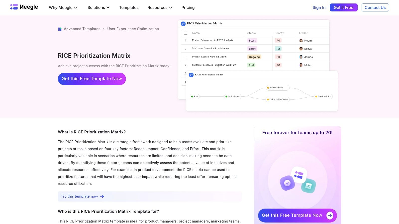 Meegle – RICE Prioritization Matrix Template