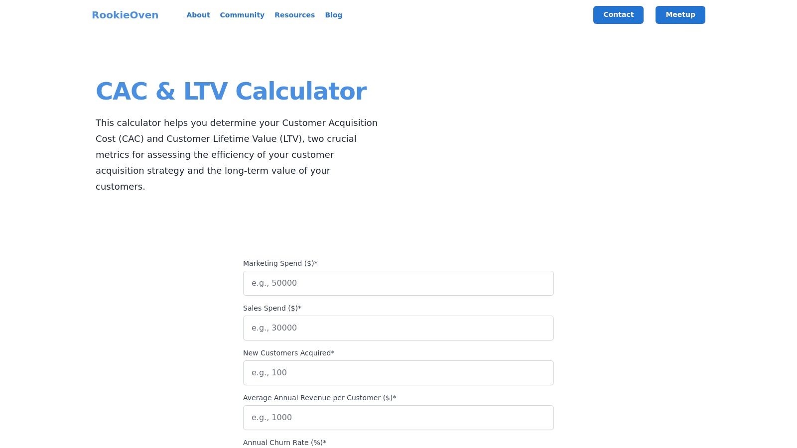 RookieOven LTV CAC Calculator