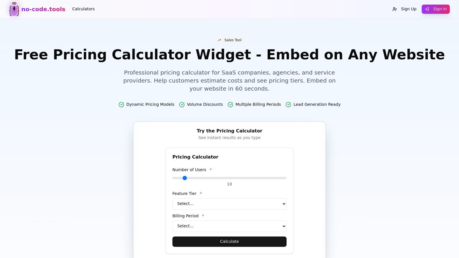 No-Code Tools (Pricing Calculator Widget)