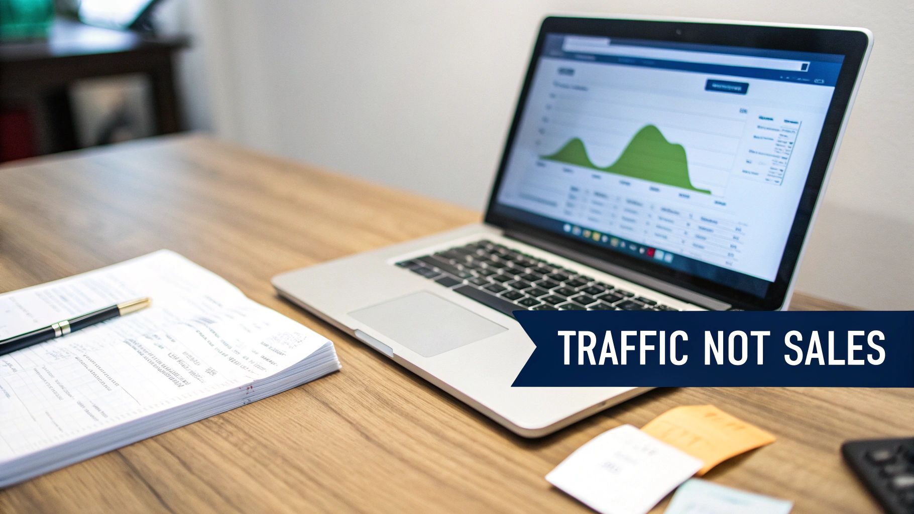 Why More Traffic Doesn’t Always Mean More Sales: A Guide for Australian Retail Leaders 1 A laptop displaying a green analytics graph on a wooden desk with a stack of papers and a pen.