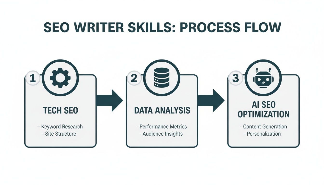A process flow diagram illustrating SEO writer skills, from Tech SEO to Data Analysis to AI SEO Optimization.