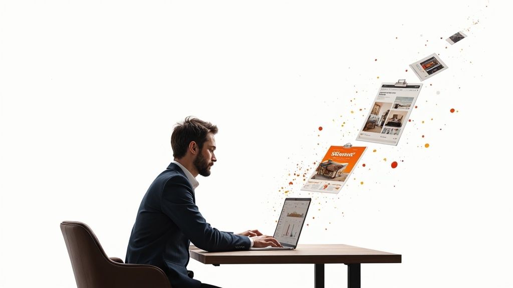 Shopify SEO for Retailers: What Actually Works in 2025 2 Businessman at a desk with a laptop, digital marketing materials emerging with a creative splash.