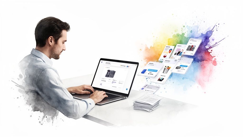 A Retail Leader's Guide to Writing Website Content That Scales 1 Man working on a laptop, managing digital products and content with colorful data interfaces.