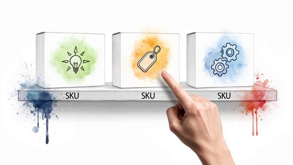 Unlocking Retail Growth with Optidan Core AI SEO 2 Hand pointing at a SKU box with a price tag, alongside boxes with a lightbulb and gears.