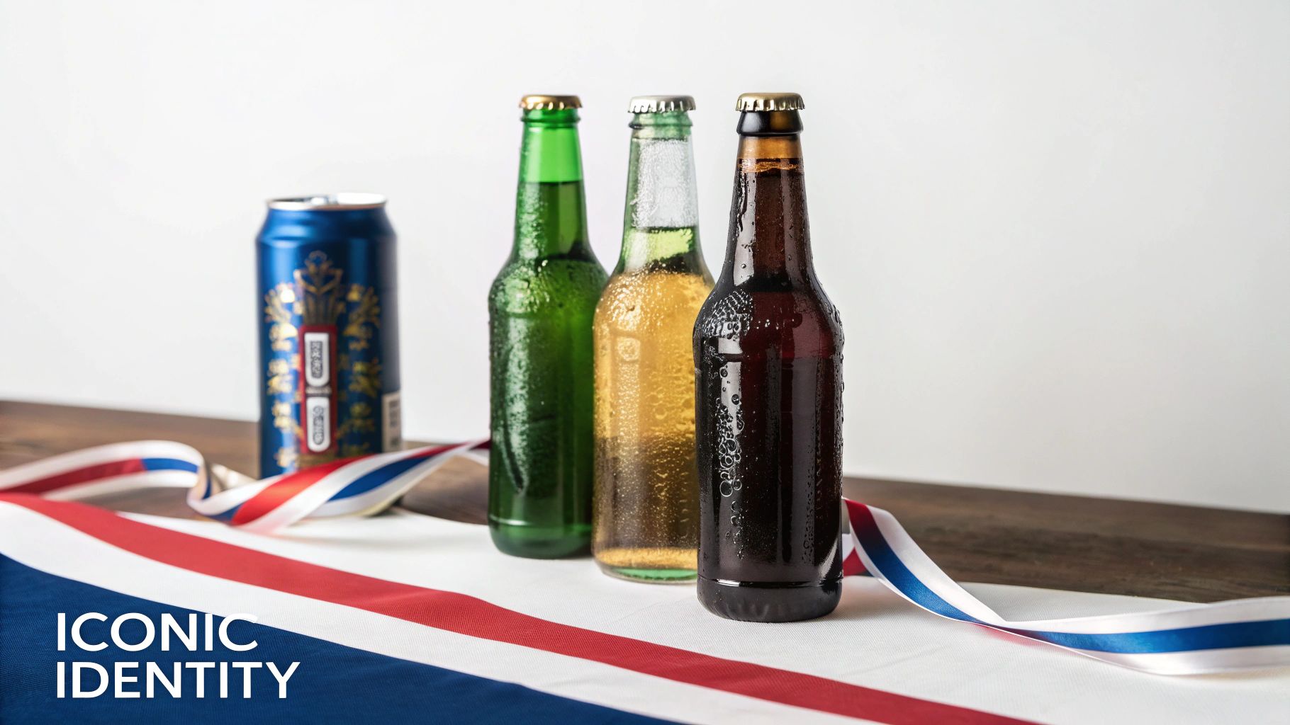 Four beer bottles with condensation and branded can displayed with patriotic ribbon representing brand identity