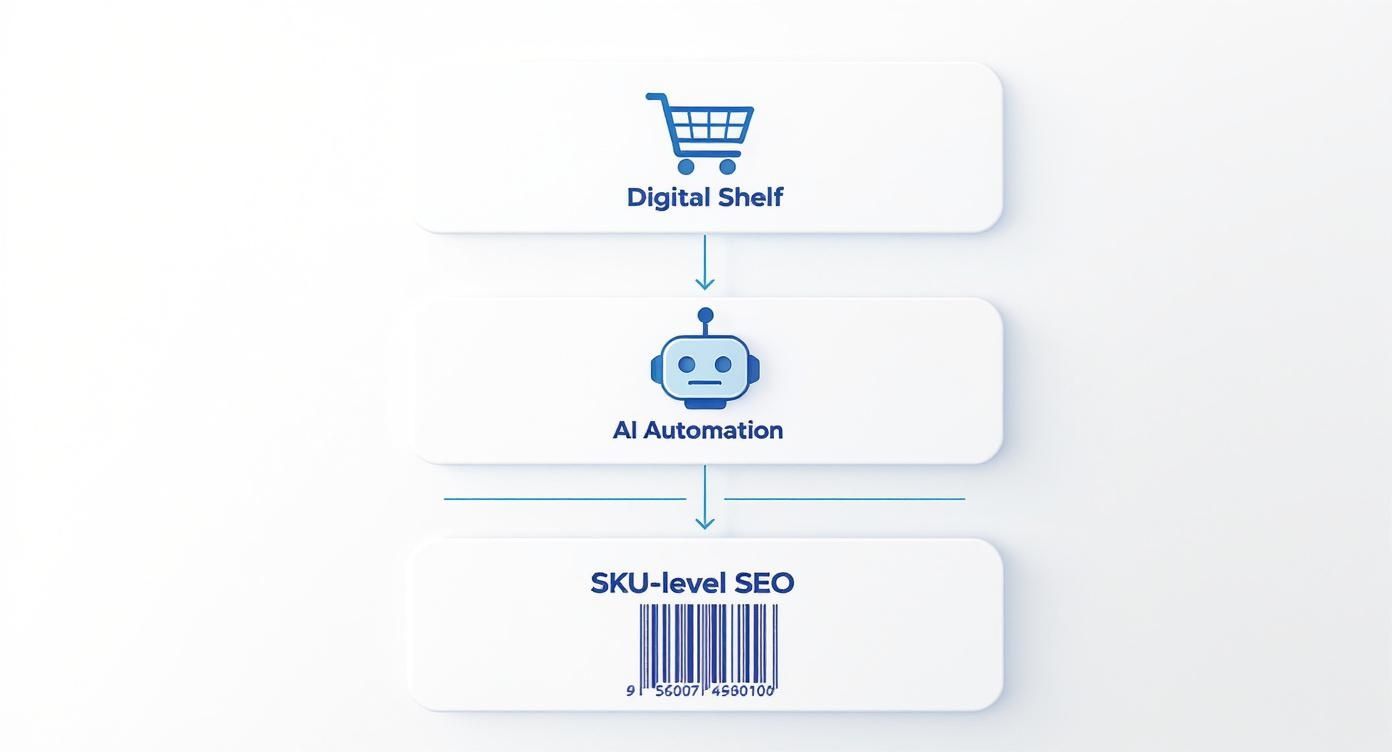 Retail Workflow Automation: The New Competitive Advantage 2 Flowchart illustrating the process from Digital Shelf to AI Automation and then to SKU-level SEO.