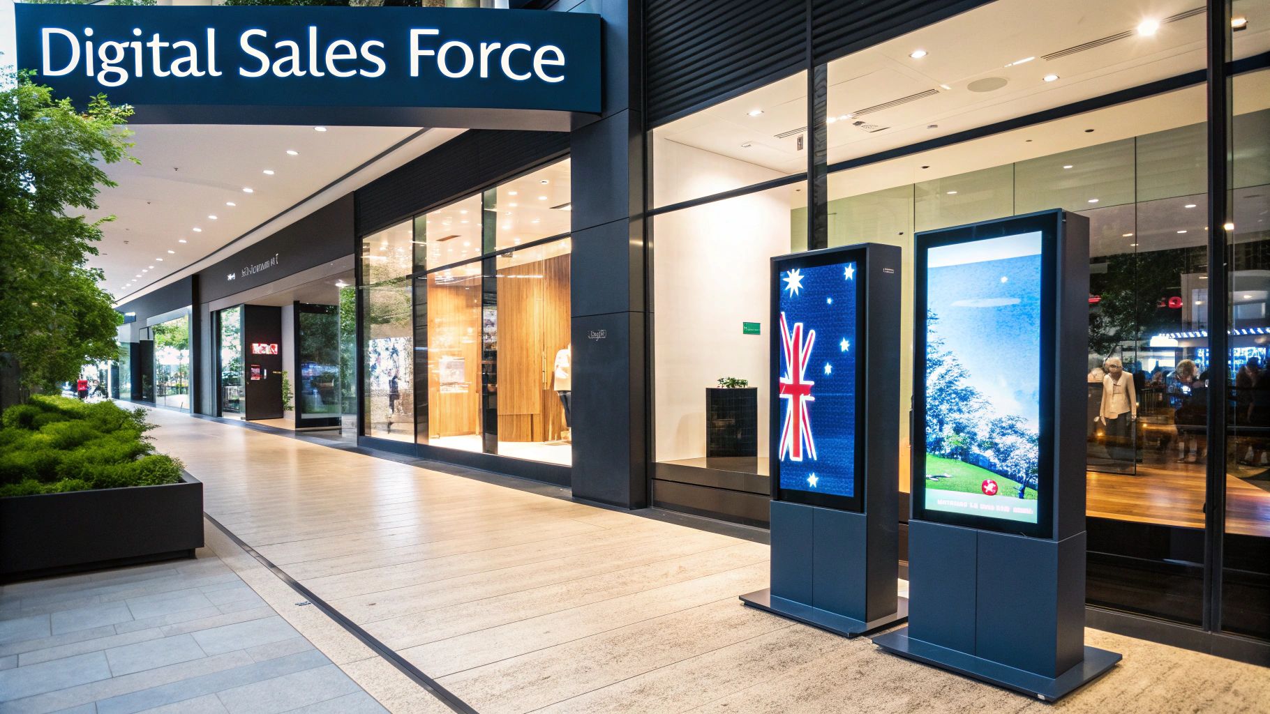 A futuristic retail interface showing AI agents assisting with online shopping decisions.