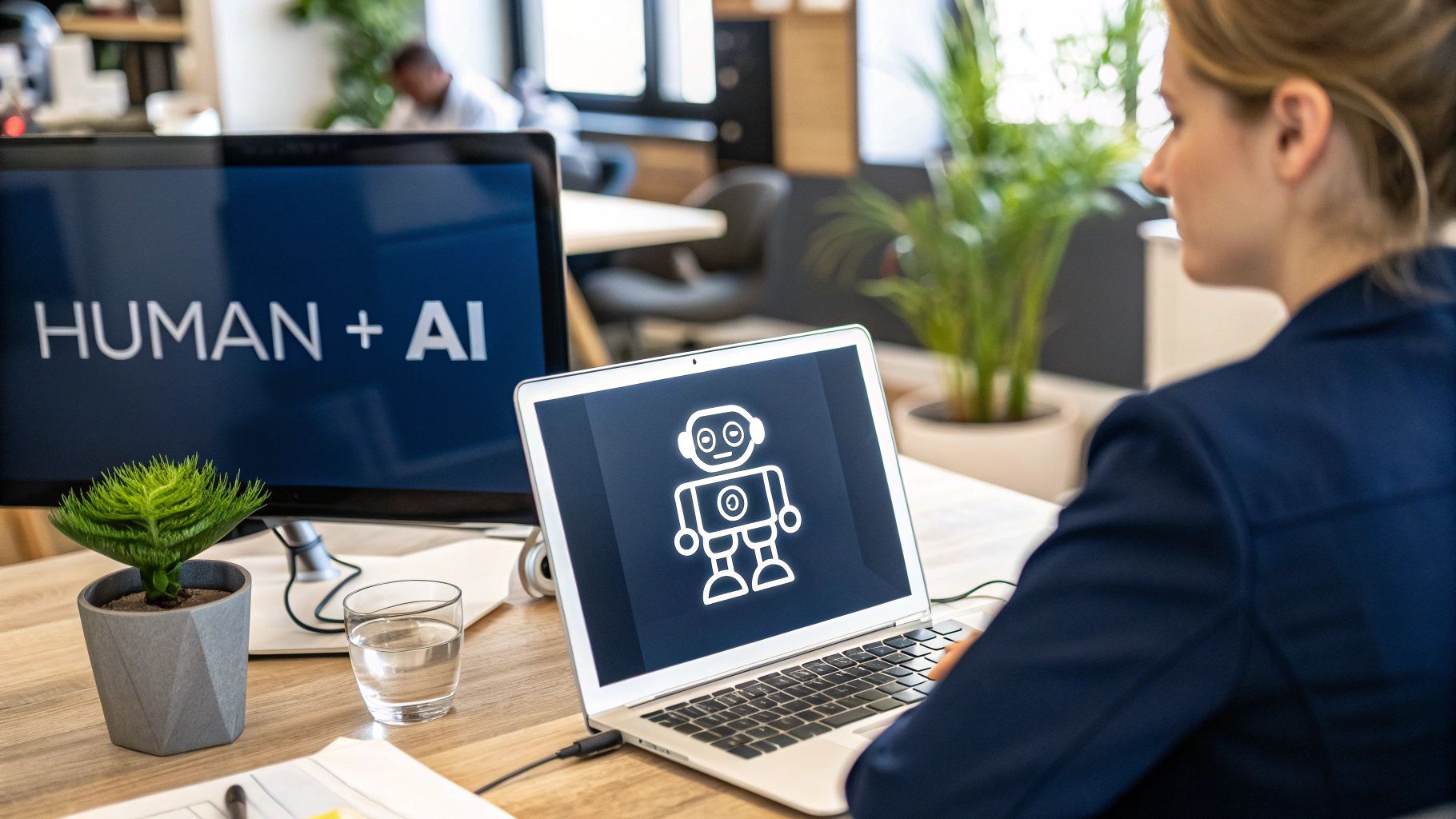 A team of professionals collaborating around a screen displaying data and AI-generated content.