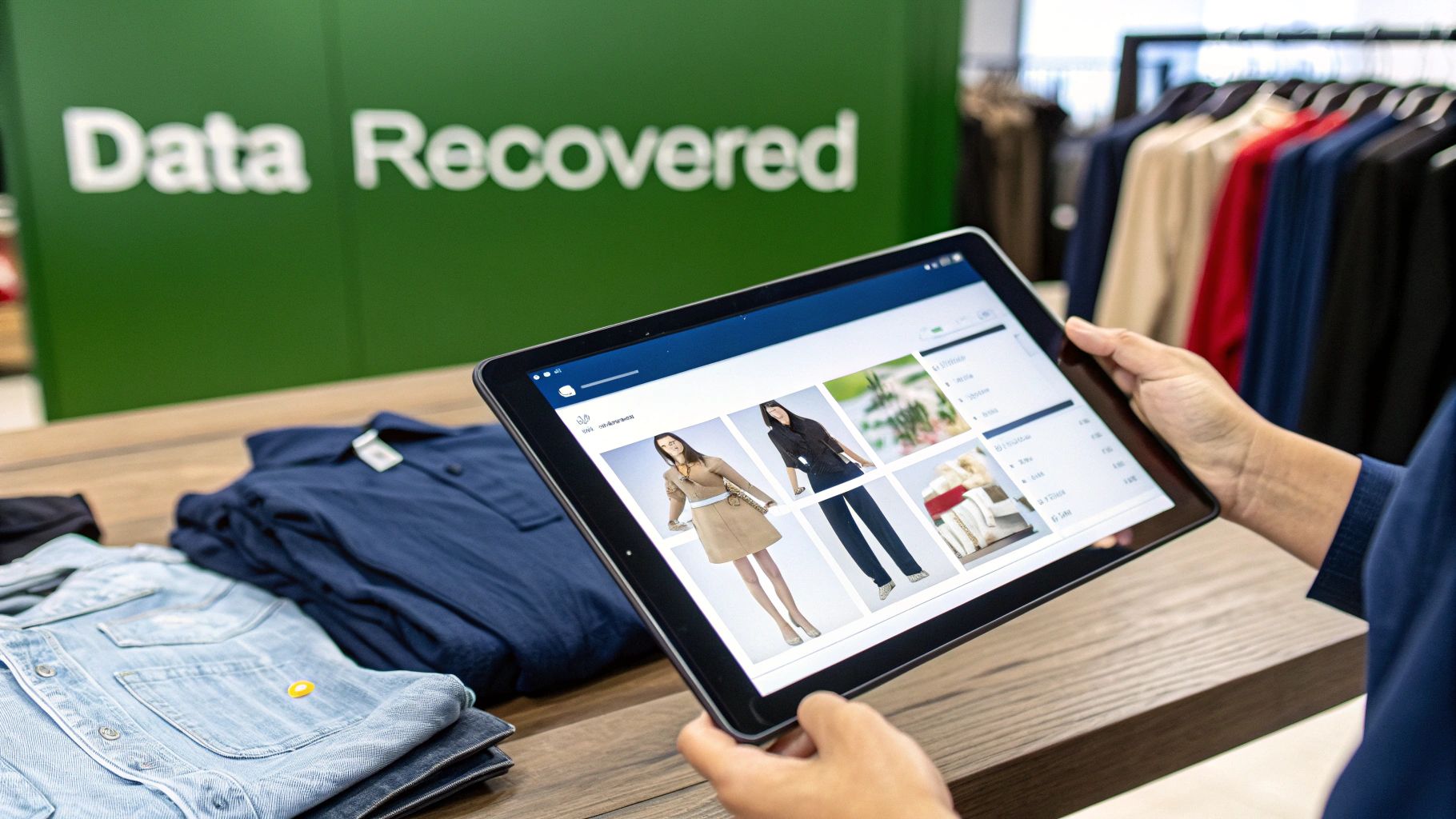 Hands holding a tablet displaying fashion items from an online store in a retail environment.