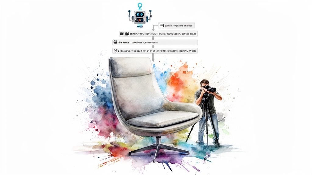 Product Page SEO: A Guide for Australian Retail Leaders 3 AI robot optimizing image alt text and filename for a product photo of a modern chair by a photographer.