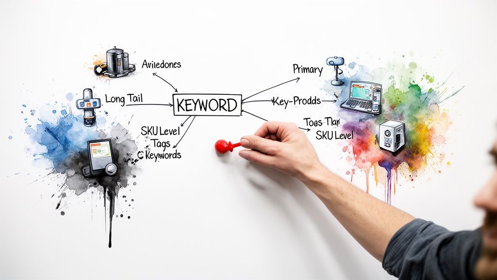 A Retail Leader's Guide to Writing Website Content That Scales 2 A hand points to a mind map centered on 'KEYWORD' with branches like long tail and primary.