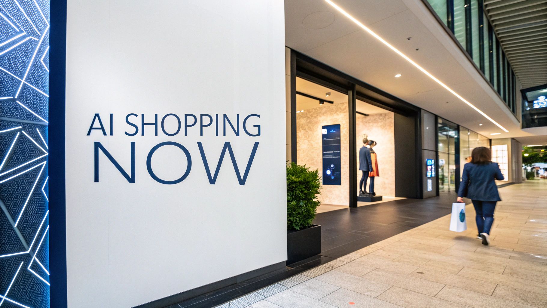 An AI robot arm organizing boxes in a modern warehouse, representing AI shopping platforms.