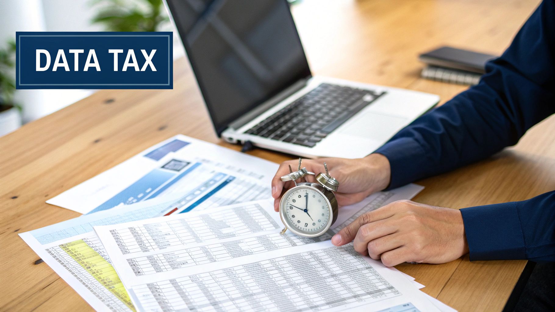 Person's hands holding an alarm clock over tax data spreadsheets on a desk with a laptop.