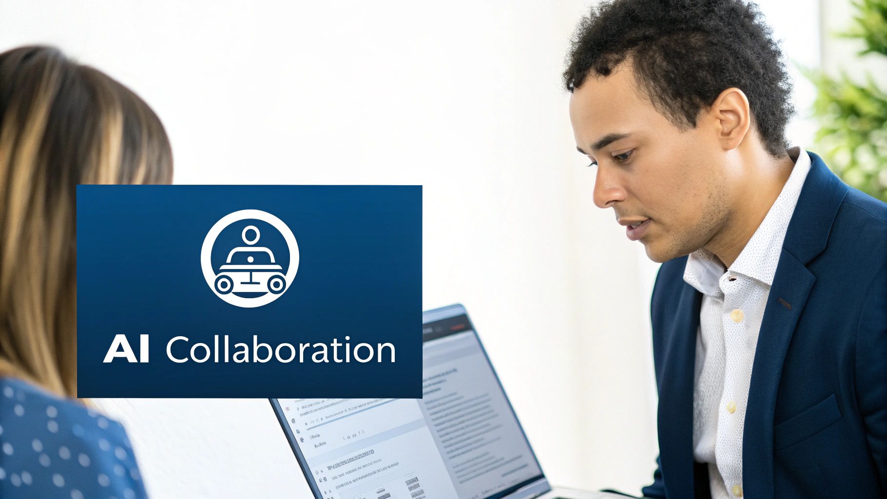 A team of retail strategists collaborating around a screen displaying AI-generated content workflows.