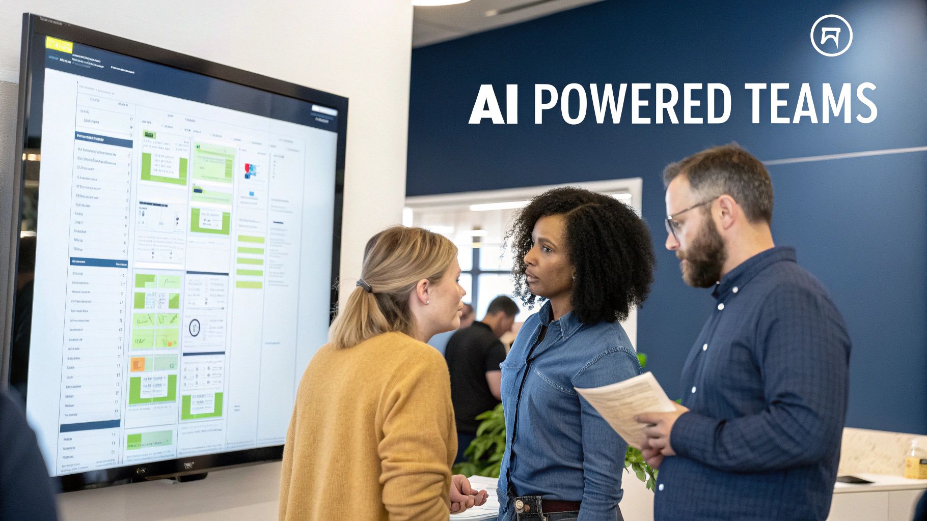 A team of retail professionals collaborating around a screen displaying data analytics and product information.